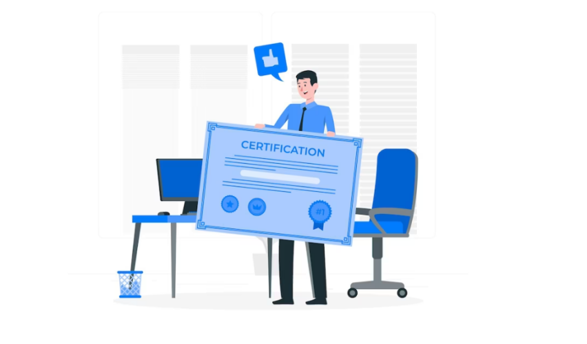 The character holds the certification near the table with the chair
