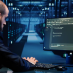 man sitting in front of a computer with code on it in a dark room