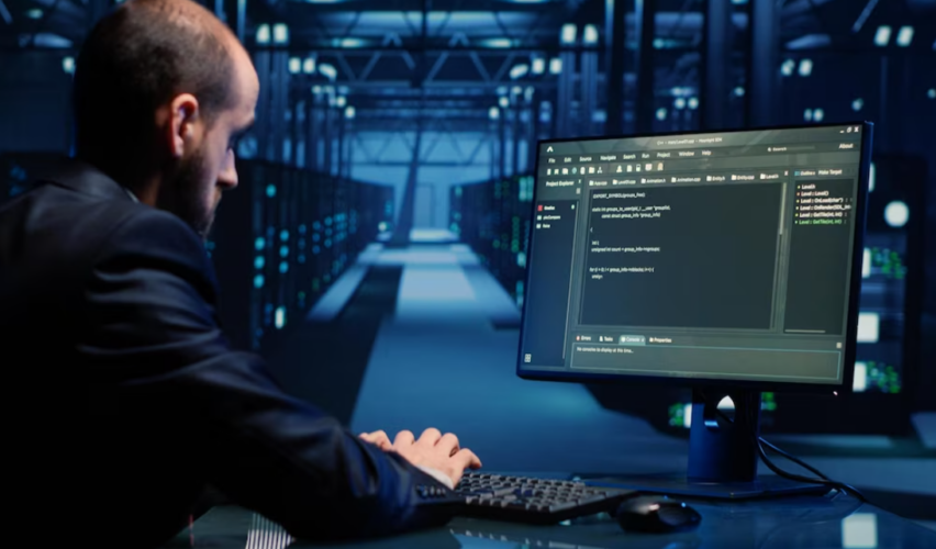 man sitting in front of a computer with code on it in a dark room