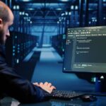 a male system engineer analyzing big data on a computer