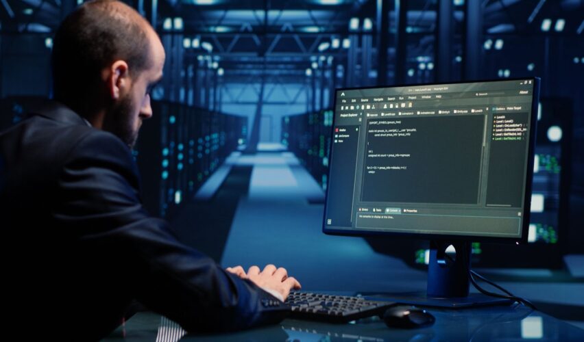 a male system engineer analyzing big data on a computer