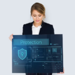 A girl holding a tablet with the inscription security
