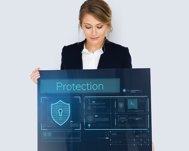 A girl holding a tablet with the inscription security