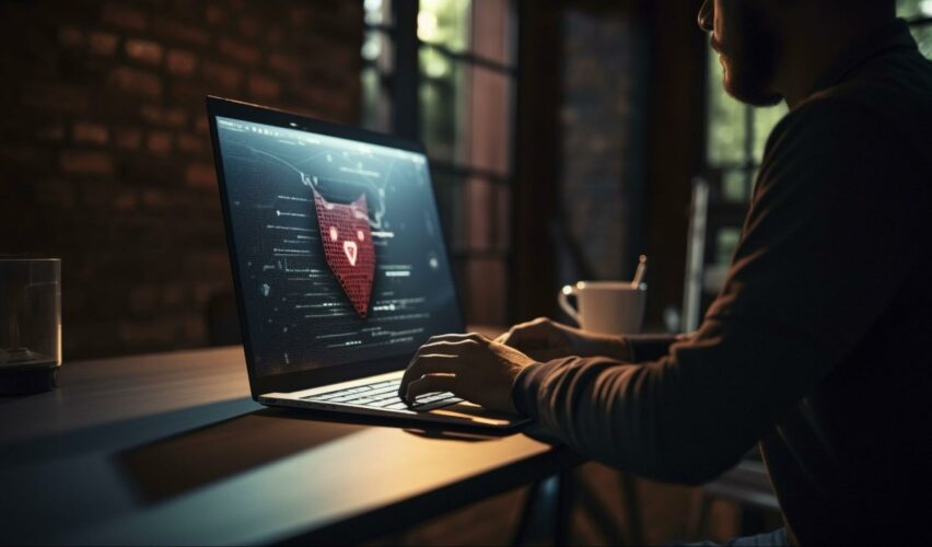 a man sitting at the desk and using a laptop with a digital owl logo on the screen